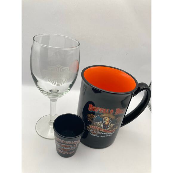 Harley Davidson Logo Combo with Shot Glass Coffee Mug and Wine Glass - Picture 4 of 7